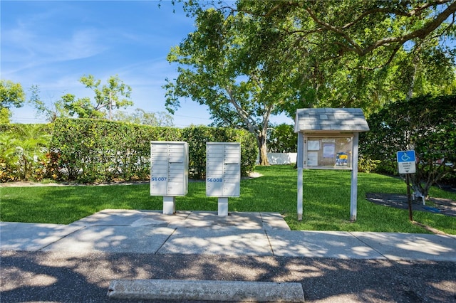 view of property's community with a lawn and mail area