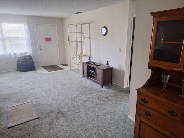 foyer with visible vents, a textured ceiling, baseboards, and carpet floors