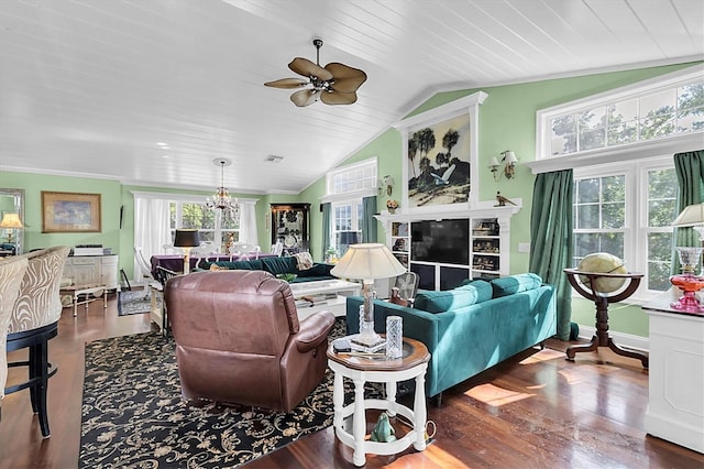9520 Indale Dr, New Port Richey, FL 34654 - living area with wood finished floors, a ceiling fan, and wood ceiling