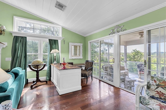 9520 Indale Dr, New Port Richey, FL 34654 - office area featuring vaulted ceiling, visible vents, dark wood-type flooring, crown molding, and ceiling fan