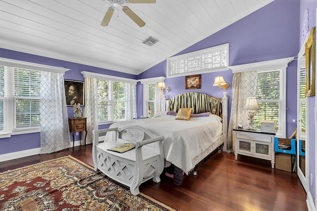 9520 Indale Dr, New Port Richey, FL 34654 - bedroom featuring vaulted ceiling, visible vents, wood finished floors, ceiling fan, and wooden ceiling