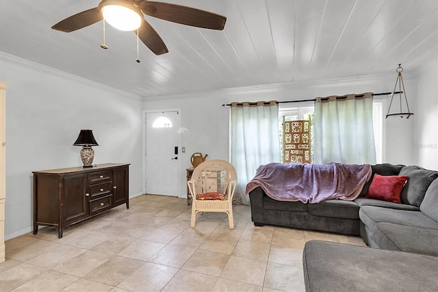 9520 Indale Dr, New Port Richey, FL 34654 - living area with ceiling fan, baseboards, ornamental molding, and light tile patterned floors