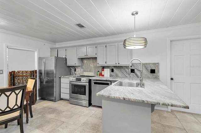 9520 Indale Dr, New Port Richey, FL 34654 - kitchen featuring visible vents, a sink, a peninsula, tasteful backsplash, and appliances with stainless steel finishes