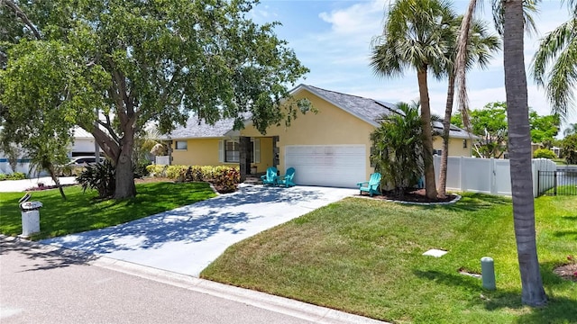 907 Golf Island Dr, Apollo Beach, FL 33572 - view of property hidden behind natural elements with a garage, stucco siding, and driveway