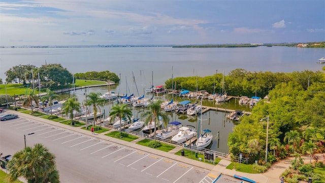 aerial view of a nearby body of water and a marina