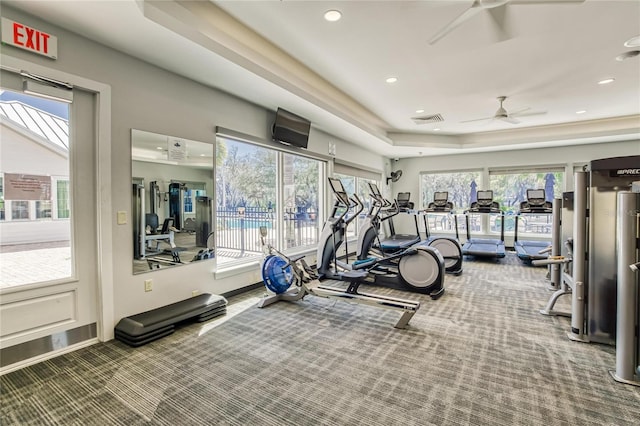 workout area with visible vents, a ceiling fan, carpet, and recessed lighting