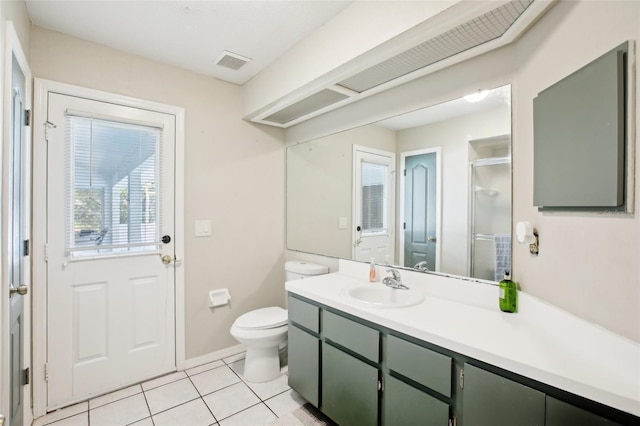 full bath featuring tile patterned floors, a stall shower, vanity, toilet, and visible vents