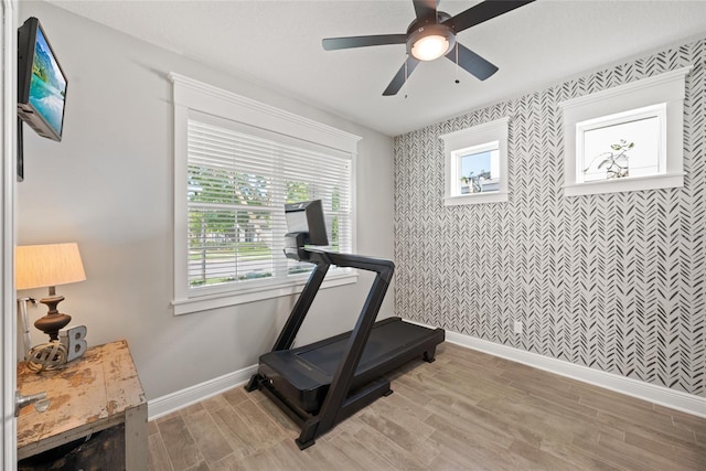 4108 Mellon Dr, Odessa, FL 33556 - exercise area featuring light wood-style flooring, baseboards, a ceiling fan, and an accent wall