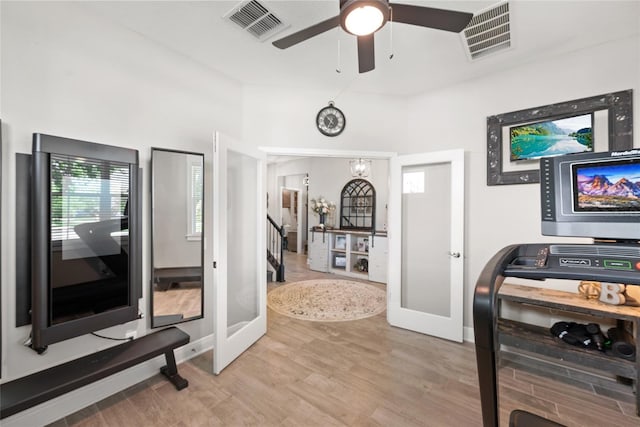 4108 Mellon Dr, Odessa, FL 33556 - interior space featuring light wood-style floors, french doors, a ceiling fan, and visible vents