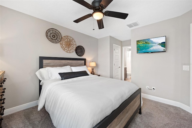 4108 Mellon Dr, Odessa, FL 33556 - carpeted bedroom featuring baseboards, a ceiling fan, visible vents, and connected bathroom