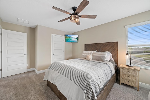 4108 Mellon Dr, Odessa, FL 33556 - bedroom with visible vents, light colored carpet, baseboards, and ceiling fan