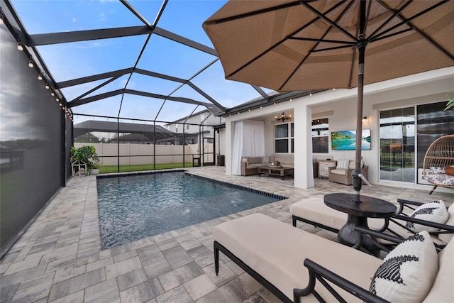 4108 Mellon Dr, Odessa, FL 33556 - view of pool featuring a fenced in pool, outdoor lounge area, a patio area, glass enclosure, and fence