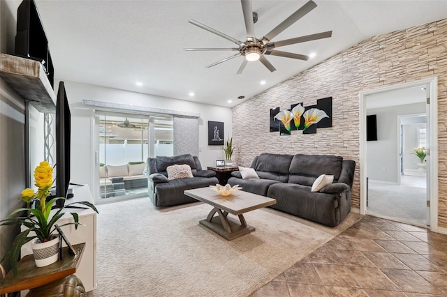 506 Spring Tree Ct, Tarpon Springs, FL 34689 - carpeted living area with a ceiling fan, vaulted ceiling, and recessed lighting