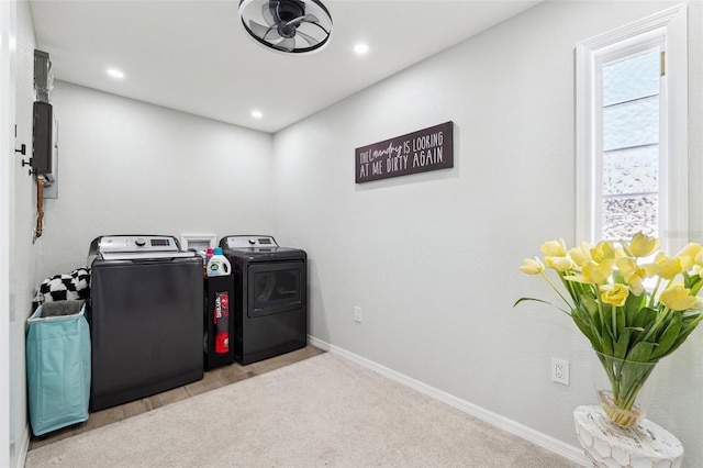 506 Spring Tree Ct, Tarpon Springs, FL 34689 - laundry room with independent washer and dryer, baseboards, recessed lighting, and light carpet