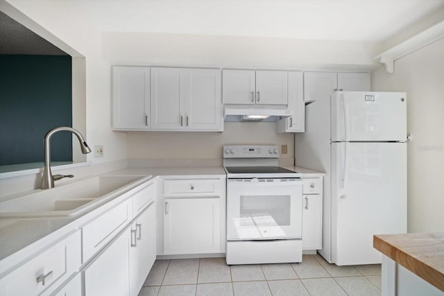 kitchen featuring a sink, white appliances, under cabinet range hood, light countertops, and white cabinets