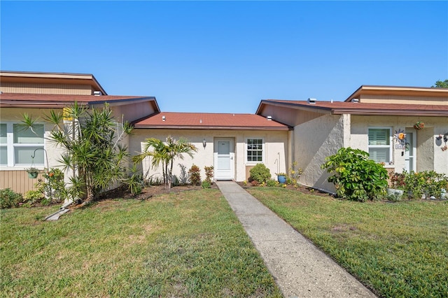 ranch-style house with a front lawn and stucco siding