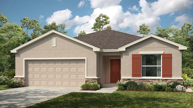 ranch-style house with an attached garage, stone siding, driveway, and stucco siding