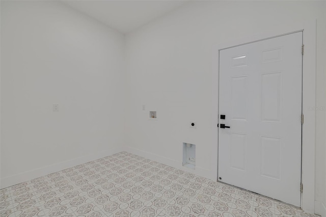 laundry area featuring hookup for an electric dryer, washer hookup, laundry area, baseboards, and light floors