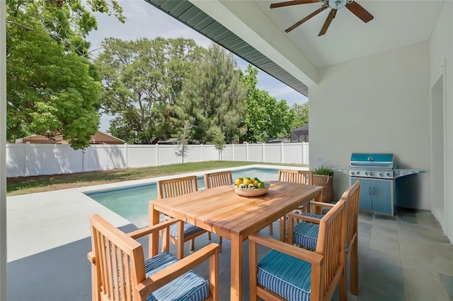 view of patio with a fenced in pool, a fenced backyard, area for grilling, outdoor dining space, and a ceiling fan