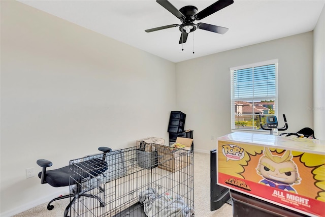 miscellaneous room with carpet, baseboards, and a ceiling fan