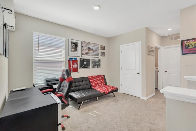office featuring visible vents, baseboards, recessed lighting, and carpet flooring