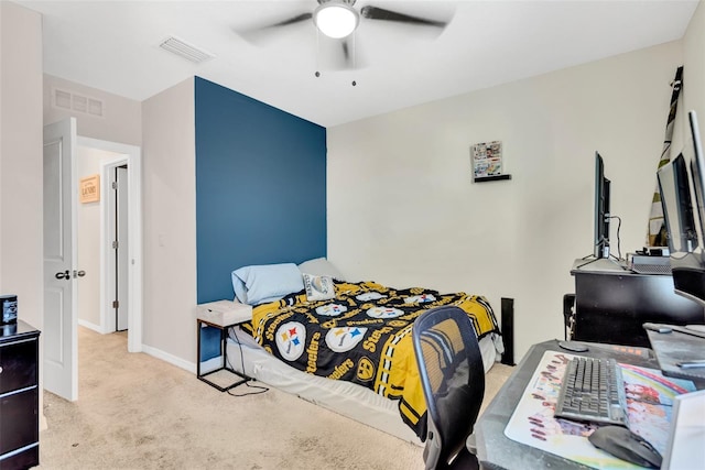 bedroom with ceiling fan, baseboards, visible vents, and carpet floors