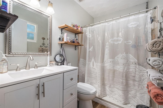186 Grand Ave, Brooksville, FL 34604 - full bathroom with toilet, wood finished floors, vanity, and a shower with curtain