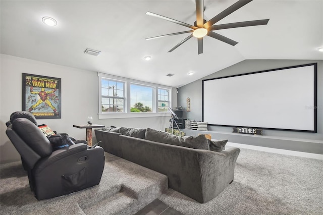 2704 W Main St, Tampa, FL 33607 - carpeted cinema featuring baseboards, visible vents, recessed lighting, lofted ceiling, and a ceiling fan