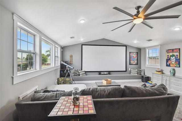 2704 W Main St, Tampa, FL 33607 - carpeted cinema with lofted ceiling, a ceiling fan, and visible vents