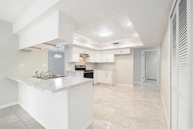 4120 Marine Pkwy, New Port Richey, FL 34652 - kitchen featuring a peninsula, stainless steel range with electric stovetop, under cabinet range hood, a raised ceiling, and a sink