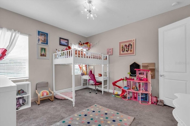 carpeted bedroom featuring baseboards, multiple windows, and a chandelier