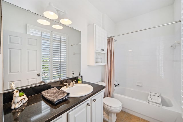 bathroom featuring shower / bath combination with curtain, toilet, tile patterned flooring, and vanity