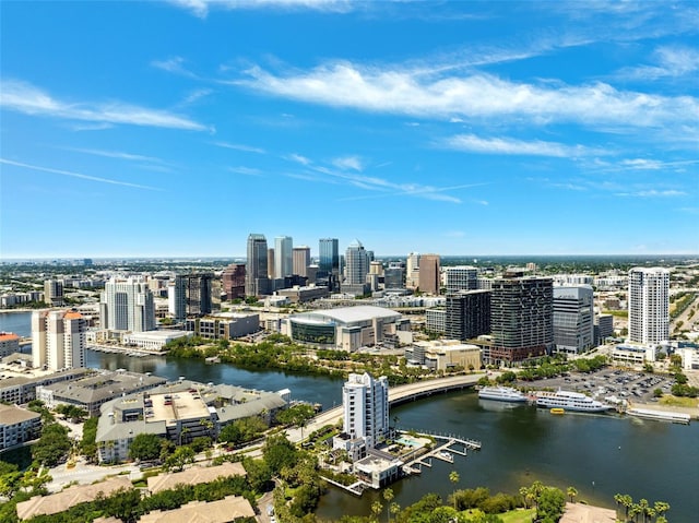 aerial view with a water view and a city view