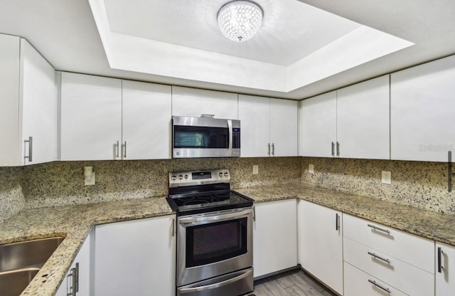 kitchen with tasteful backsplash, white cabinetry, a raised ceiling, and stainless steel appliances