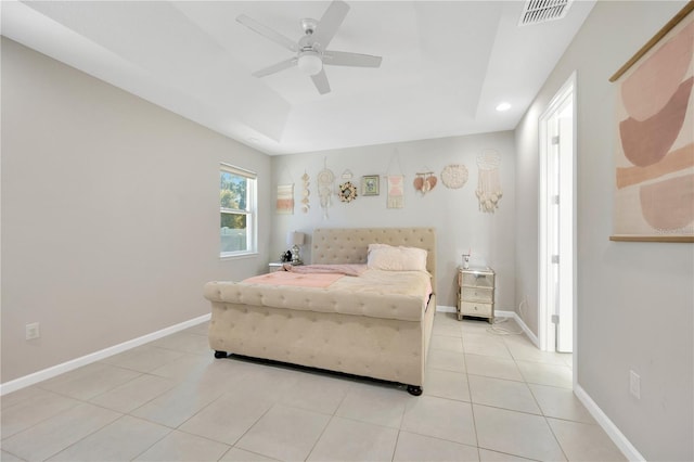 2511 Early Dawn Ct, Valrico, FL 33594 - bedroom featuring light tile patterned flooring, ceiling fan, a tray ceiling, visible vents, and recessed lighting