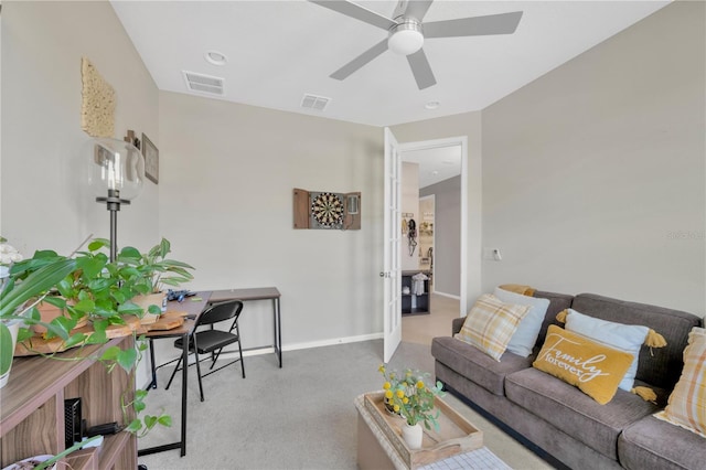 2511 Early Dawn Ct, Valrico, FL 33594 - living room featuring baseboards, a ceiling fan, visible vents, and carpet