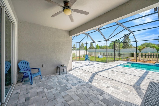 2511 Early Dawn Ct, Valrico, FL 33594 - view of swimming pool with a patio area, a fenced backyard, and a ceiling fan