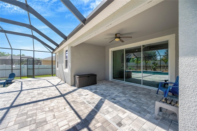 2511 Early Dawn Ct, Valrico, FL 33594 - view of patio featuring fence, ceiling fan, glass enclosure, and a swimming pool