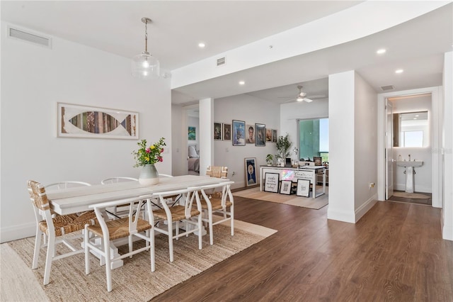 dining area with recessed lighting, visible vents, baseboards, and wood finished floors