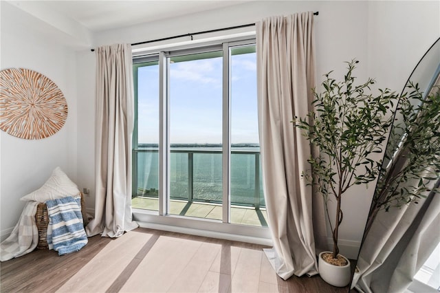 interior space featuring wood finished floors and a water view