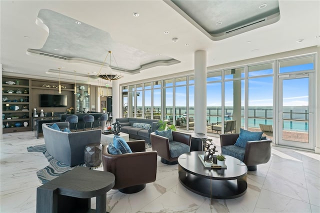 community lobby with a water view