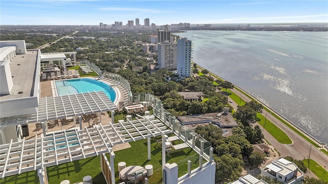aerial view featuring a water view and a city view