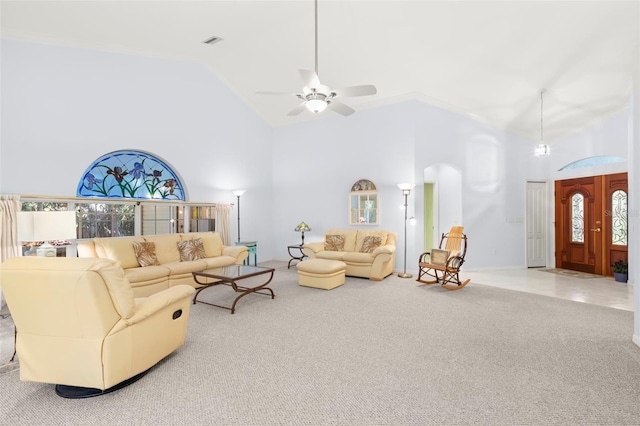 187 Sage Cir, Crystal Beach, FL 34681 - living area featuring high vaulted ceiling, carpet, and ceiling fan