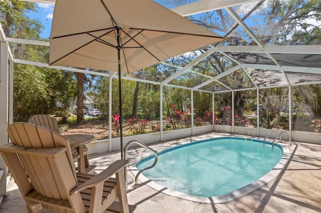 187 Sage Cir, Crystal Beach, FL 34681 - swimming pool featuring a patio and glass enclosure