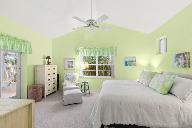 187 Sage Cir, Crystal Beach, FL 34681 - carpeted bedroom featuring vaulted ceiling, access to outside, ceiling fan, and baseboards