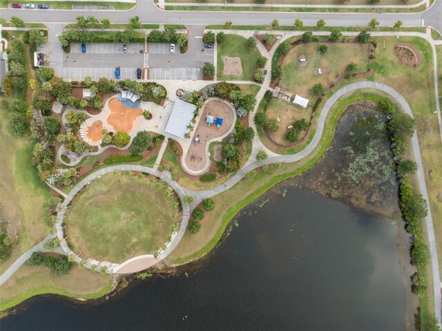 bird's eye view with a water view