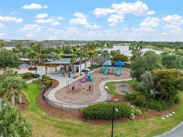 drone / aerial view featuring a water view