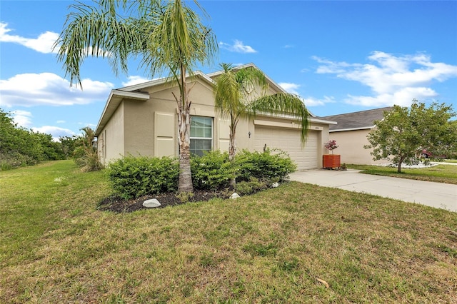 single story home with a front lawn, a garage, driveway, and stucco siding