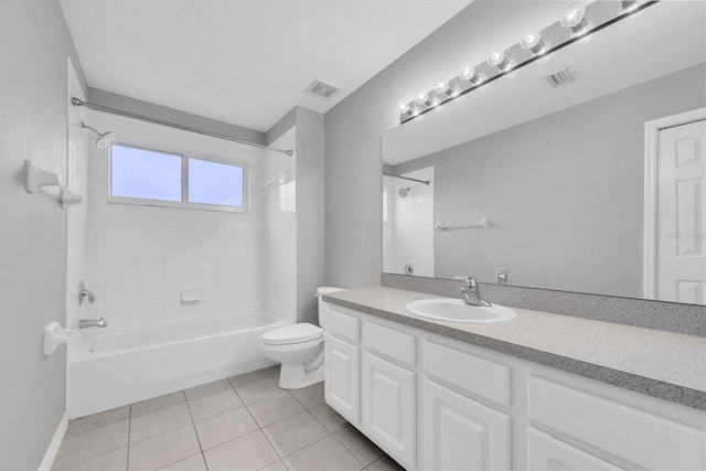 full bathroom with shower / bathing tub combination, visible vents, toilet, and tile patterned flooring