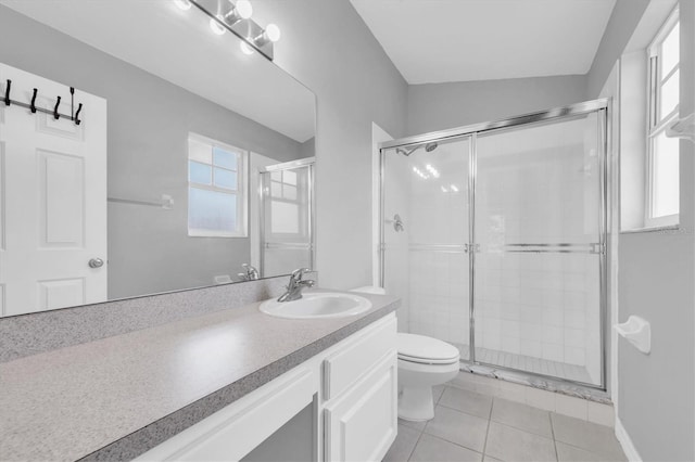 bathroom with a shower stall, toilet, tile patterned flooring, and vanity